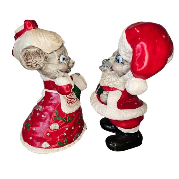 Kitschy Vintage Mr Mrs Santa Claus Mice Wasted Ceramic Handpainted 9.5" Red 70s - Picture 5 of 13